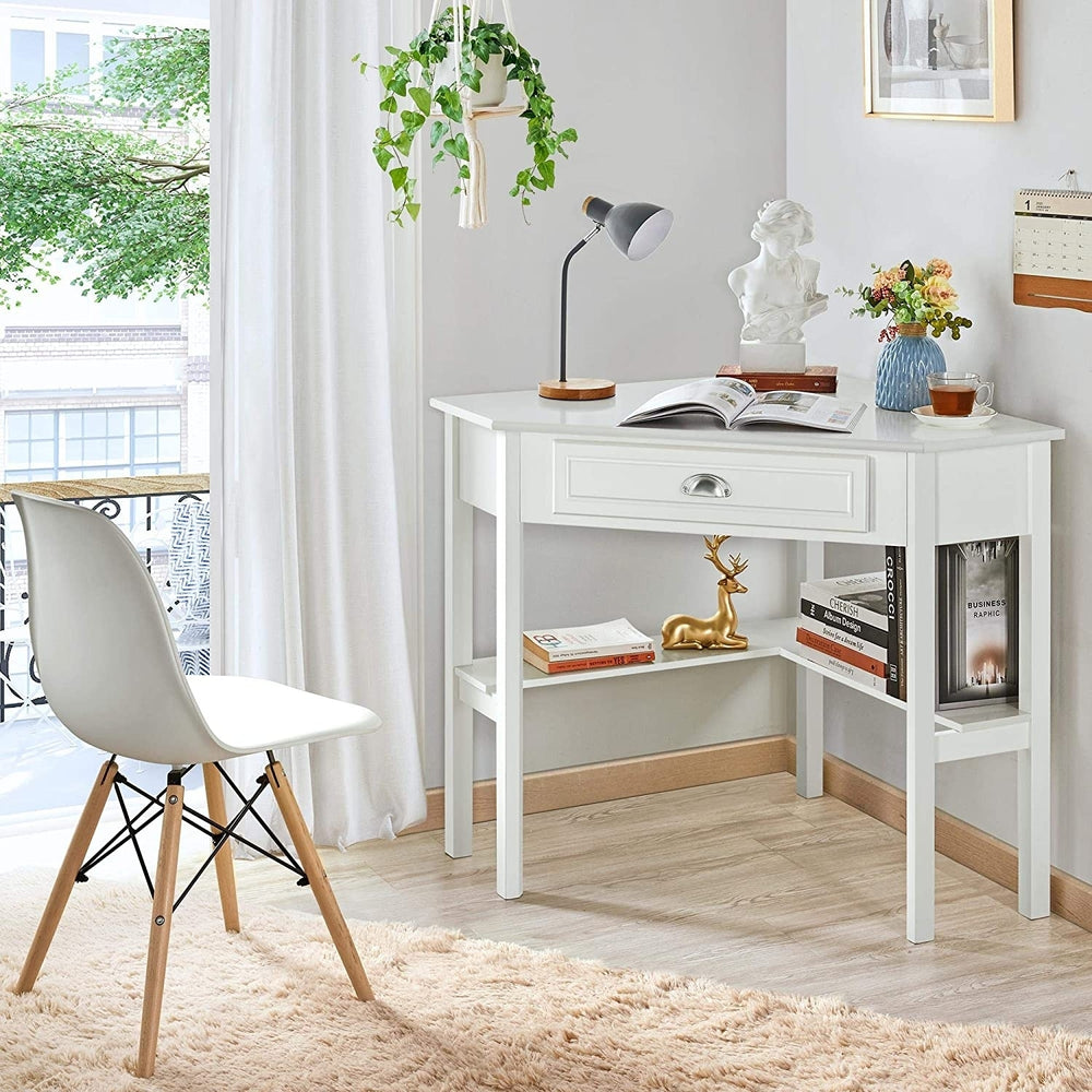 Wood Triangle Computer Desk Corner Vanity with Large Drawer and Storage Shelves, 90 Degrees Writing Desk Laptop PC Table Image 2