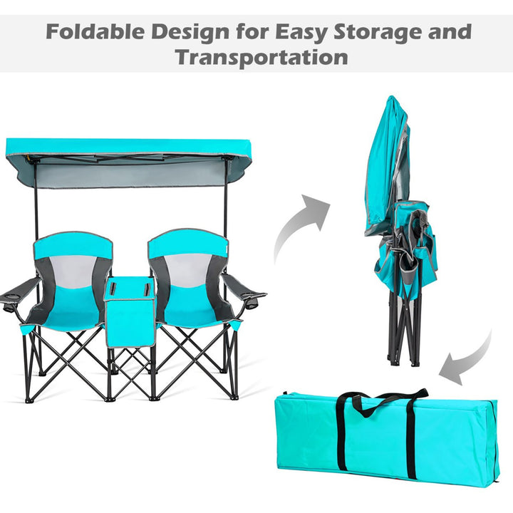 Folding 2-person Camping Chairs Double Sunshade Chairs w/ Canopy Blue/Turquoise/Red Image 3