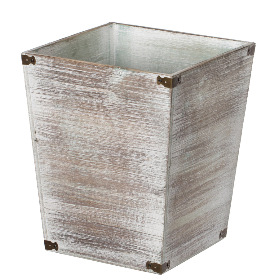 Home Decorative Dark Grey Rustic Wood Trash Can, Square Wastebasket Bin with Decorative Metal Brackets Image 1