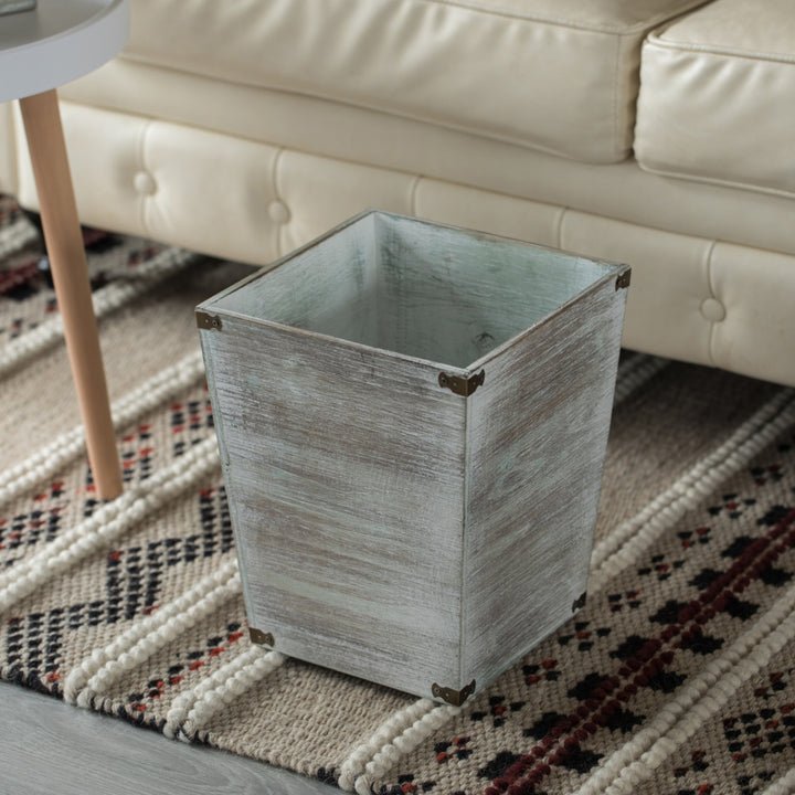 Home Decorative Dark Grey Rustic Wood Trash Can, Square Wastebasket Bin with Decorative Metal Brackets Image 3