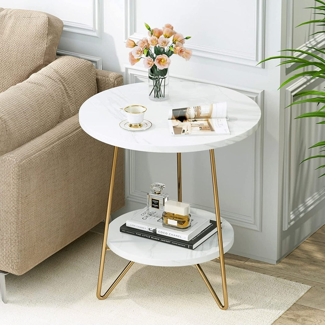 Tribesigns Marble End Table Gold 2 Tier Round Side Table 18.7 Inch Nightstand Image 1