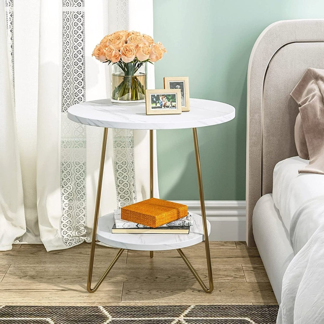 Tribesigns Marble End Table Gold 2 Tier Round Side Table 18.7 Inch Nightstand Image 4