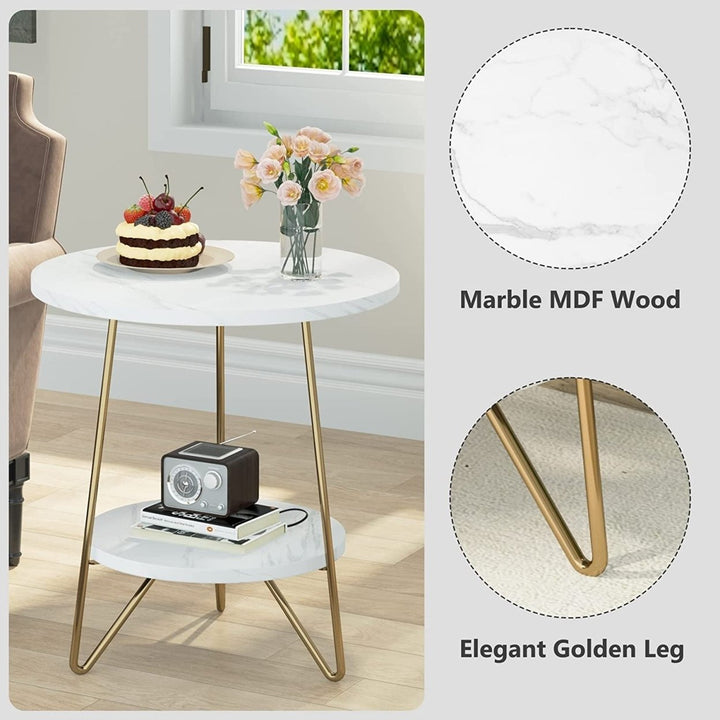 Tribesigns Marble End Table Gold 2 Tier Round Side Table 18.7 Inch Nightstand Image 5