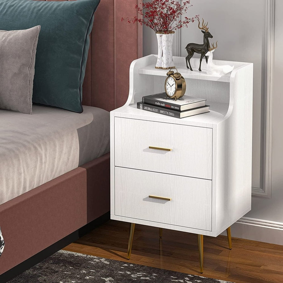 Tribesigns Nightstand, Modern Bedside Table with 2 Drawers and Heightened Open Shelf, End or Side Table with Golden Image 1