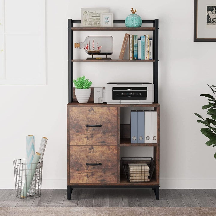 Tribesigns Vertical Filing Cabinet with 2 Drawers and Bookshelf Black Wood Image 2