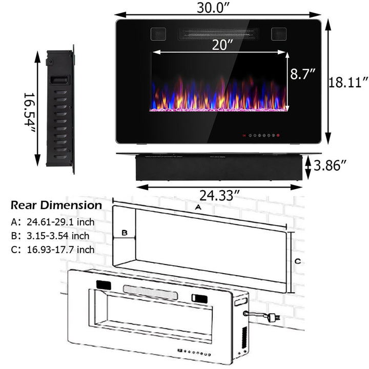 30 Electric Indoor Fireplace Recessed Ultra Thin Wall Mounted Heater Multicolor Flame Image 4