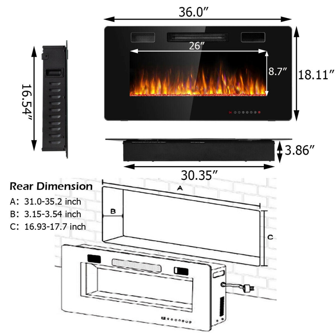 36-inch Recessed Wall Mounted Electric Fireplace Heater w/ Remote Control Image 2