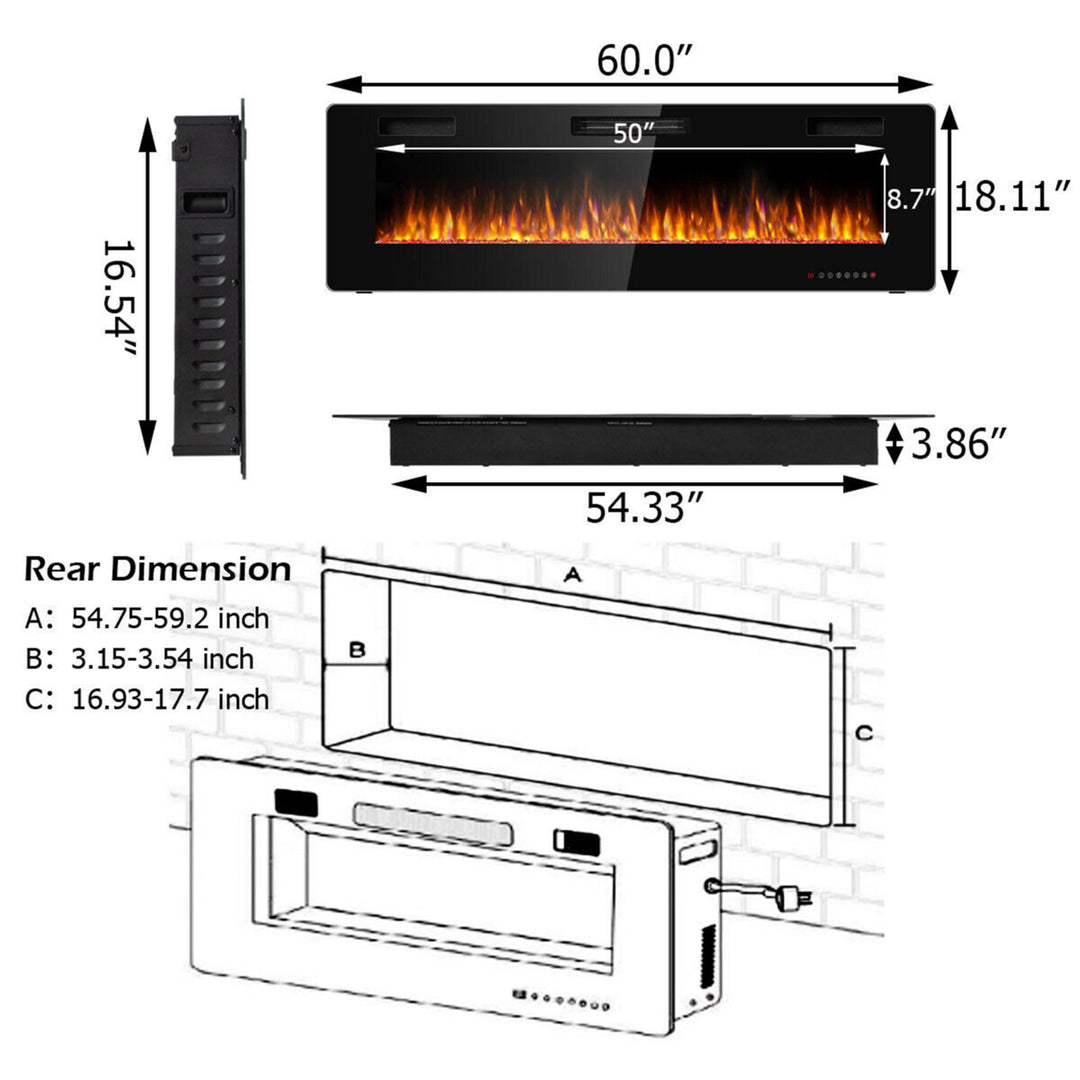 60 Fireplace Electric Recessed Wall Mounted Heater w/ Remote Control Image 2