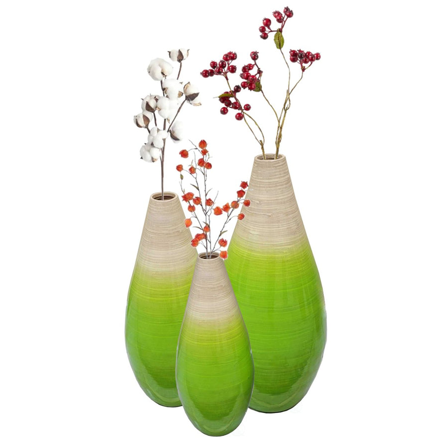 Contemporary Bamboo Floor Flower Vase Tear Drop Design for Dining, Living Room, Entryway Decoration, Green Image 1