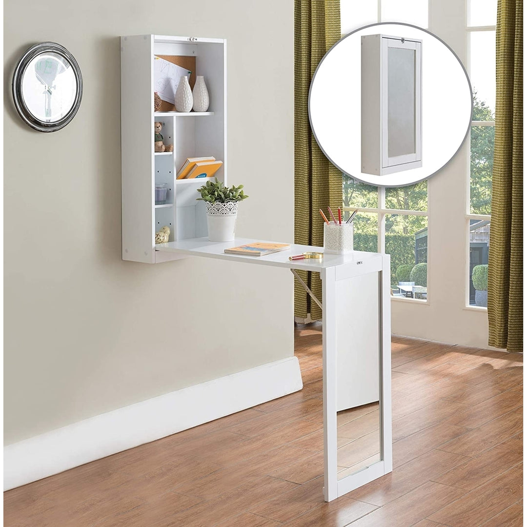 Kings Brand White Finish Wood Fold-Out Convertible Wall Mount Desk With Mirror Image 1