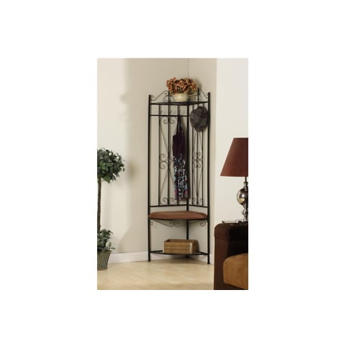 Kings Brand Black Metal Corner Entryway Hallway Rack with Bench and 6 Hooks Image 1