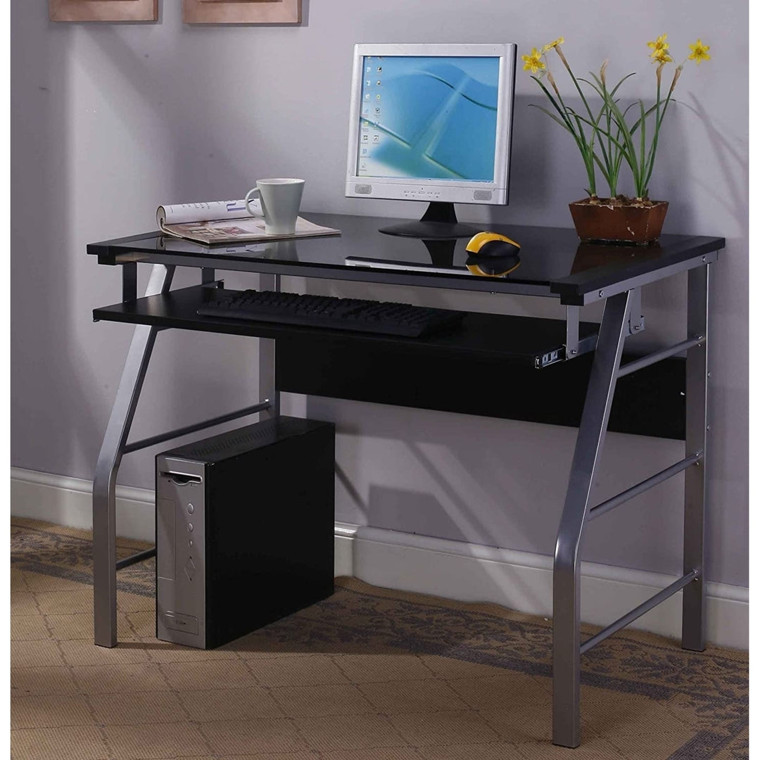 Kings Brand Glass and Metal Home Office Computer Workstation Desk/Table, Silver Finish Image 1