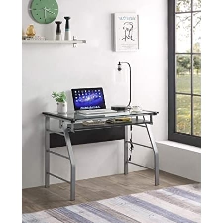 Kings Brand Glass and Metal Home Office Computer Workstation Desk/Table, Silver Finish Image 2