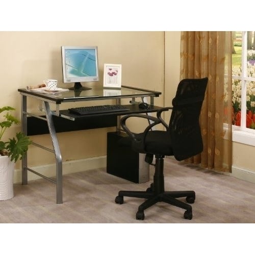 Kings Brand Glass and Metal Home Office Computer Workstation Desk/Table, Silver Finish Image 3