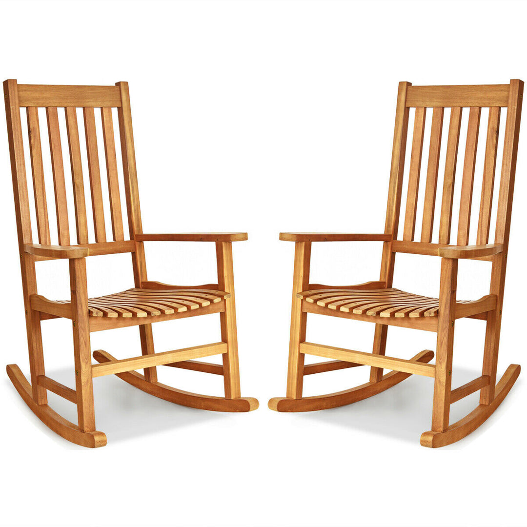 2PCS Wood Rocking Chair Porch Rocker High Back Garden Seat Indoor Outdoor Image 6