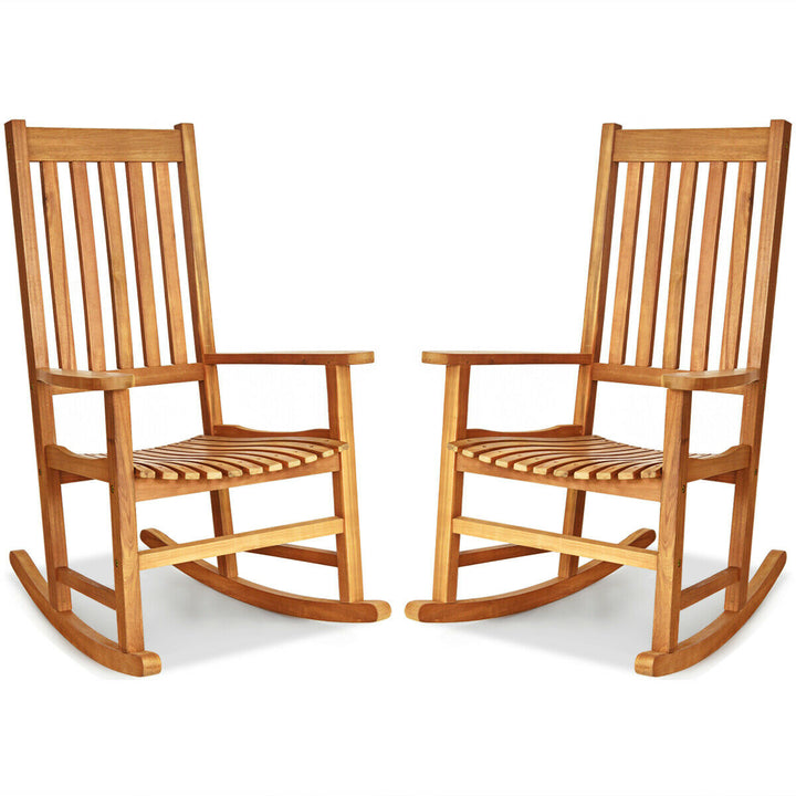 2PCS Wood Rocking Chair Porch Rocker High Back Garden Seat Indoor Outdoor Image 6