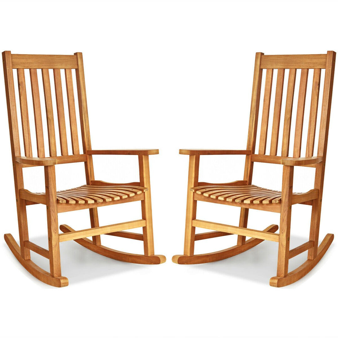 2PCS Wood Rocking Chair Porch Rocker High Back Garden Seat Indoor Outdoor Image 1