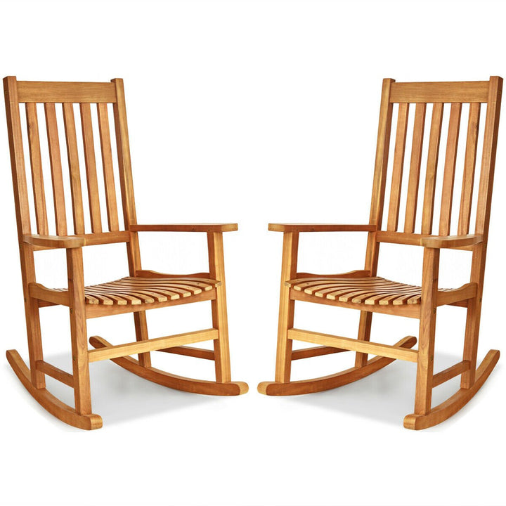 2PCS Wood Rocking Chair Porch Rocker High Back Garden Seat Indoor Outdoor Image 1