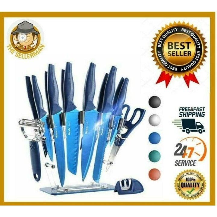 16 Pieces Kitchen Knife Set Dishwasher Safe, Professional Chef Kitchen Knife Set with Knife Sharpener Peeler Scissors Image 1