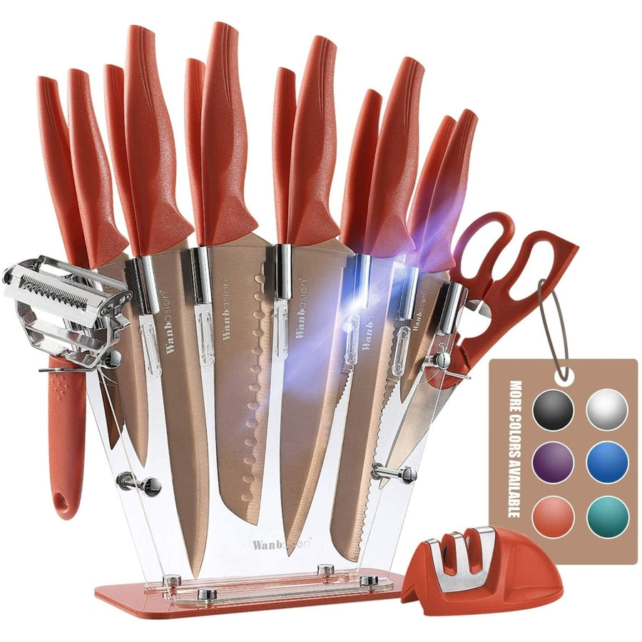 Orange 16 Pieces Professional Chef Kitchen Knife Set 16 Pcs Stainless Steel Sharp Knives + Block Image 1