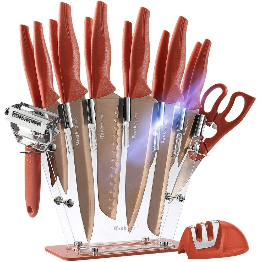 Orange 16 Pieces Professional Chef Kitchen Knife Set 16 Pcs Stainless Steel Sharp Knives + Block Image 2