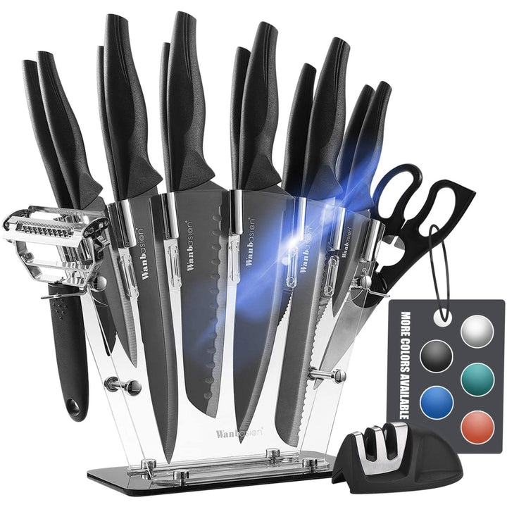 Wanbasion 16 Pieces Kitchen Knife Set, Professional Chef Kitchen Knife Set, Stainless Steel with Knife Sharpener Peeler Image 1