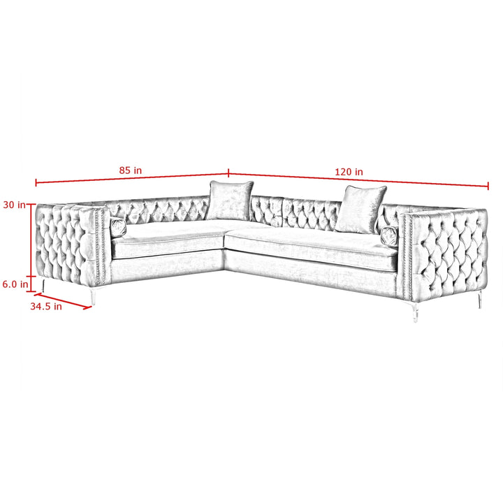 Alison Velvet Corner Sectional Sofa 120" Button Tufted Chrome Gold Legs Image 11