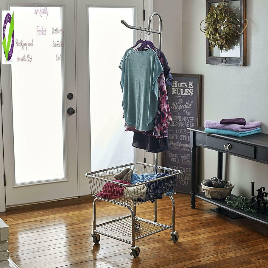 Household Essentials 6028-1 Rolling Laund ry Cart With Hanging Bar - Chrome Finis Image 1