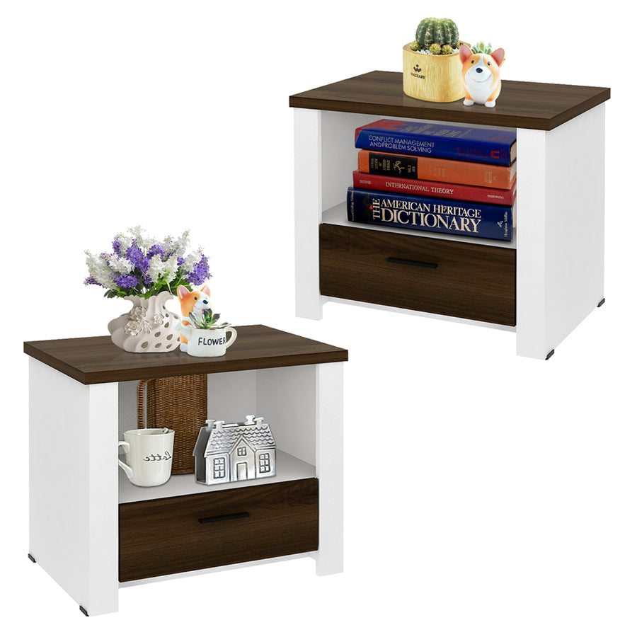 2PCS Accent Nightstand Drawer and Open Shelf Sofa End Table Bedroom Living Room Image 1