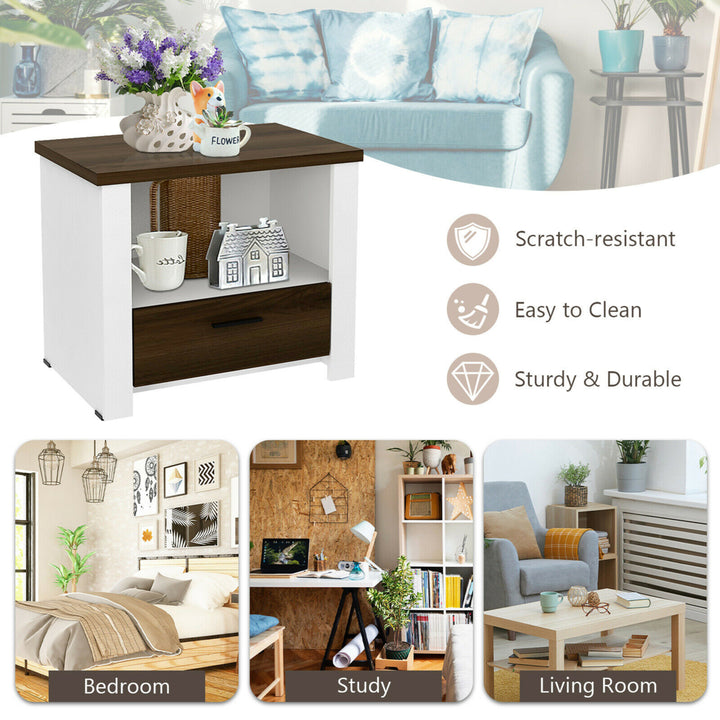 2PCS Accent Nightstand Drawer and Open Shelf Sofa End Table Bedroom Living Room Image 7