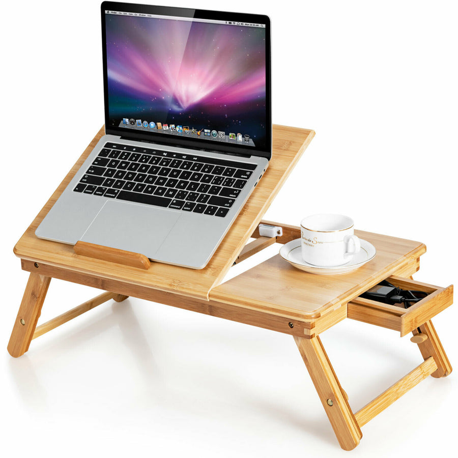 Bamboo Laptop Desk Adjustable Folding Bed Tray w/Drawer Heat Dissipation Image 1