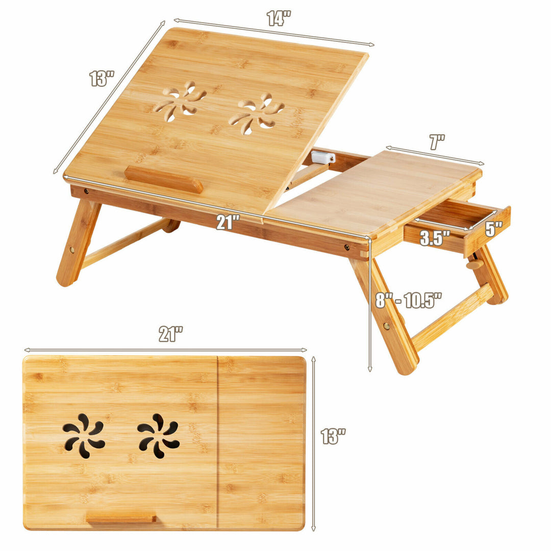 Bamboo Laptop Desk Adjustable Folding Bed Tray w/Drawer Heat Dissipation Image 2