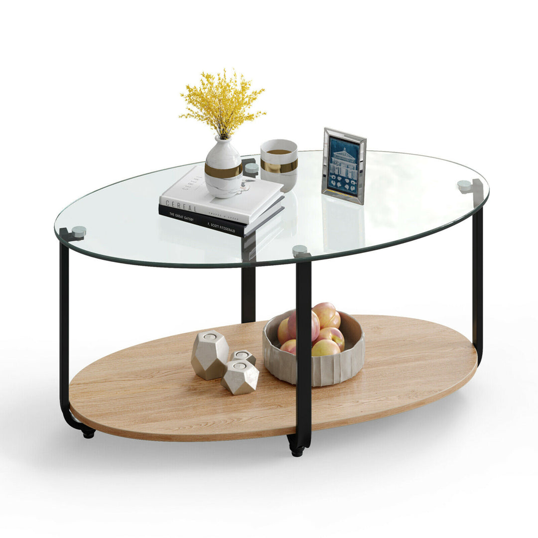 Glass-Top Coffee Table 2-Tier Modern Oval Side Sofa Table w/ Storage Shelf Image 1