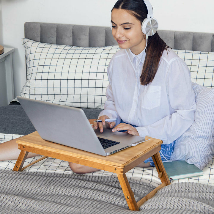 Bamboo Laptop Desk Adjustable Folding Bed Tray w/Drawer Heat Dissipation Image 3