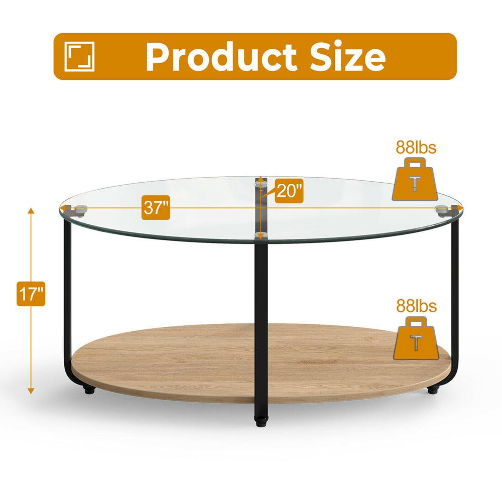 Glass-Top Coffee Table 2-Tier Modern Oval Side Sofa Table w/ Storage Shelf Image 2