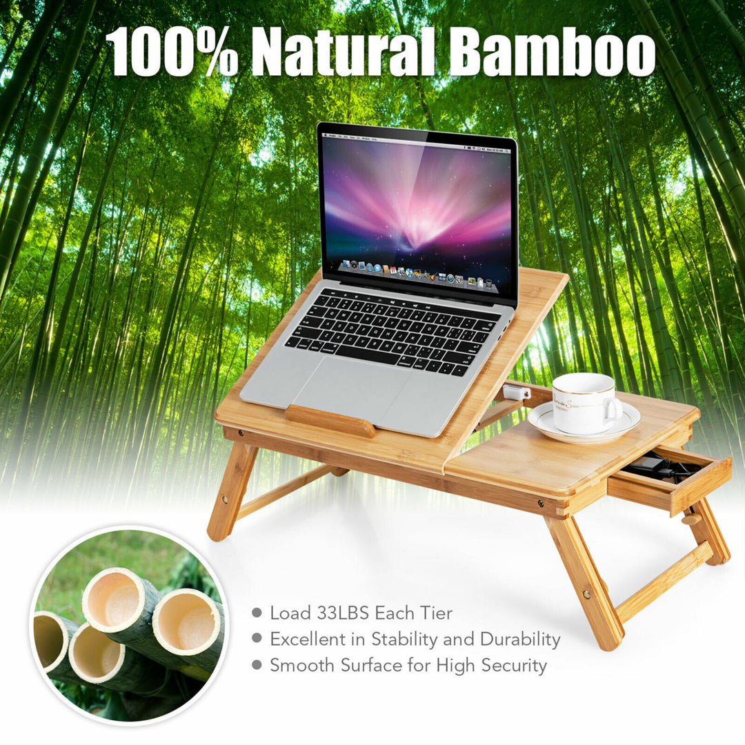 Bamboo Laptop Desk Adjustable Folding Bed Tray w/Drawer Heat Dissipation Image 5