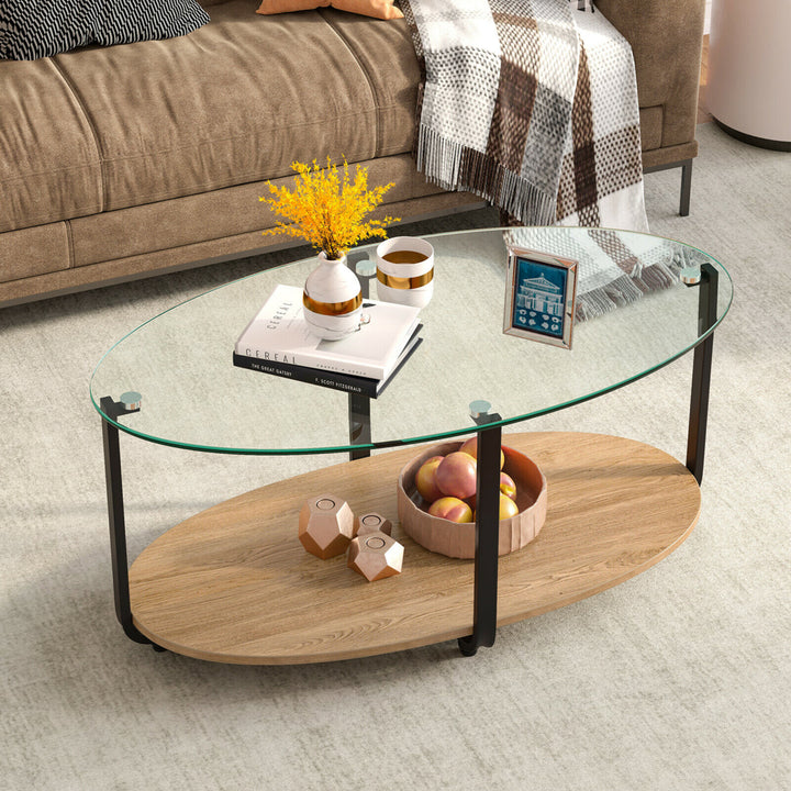 Glass-Top Coffee Table 2-Tier Modern Oval Side Sofa Table w/ Storage Shelf Image 6