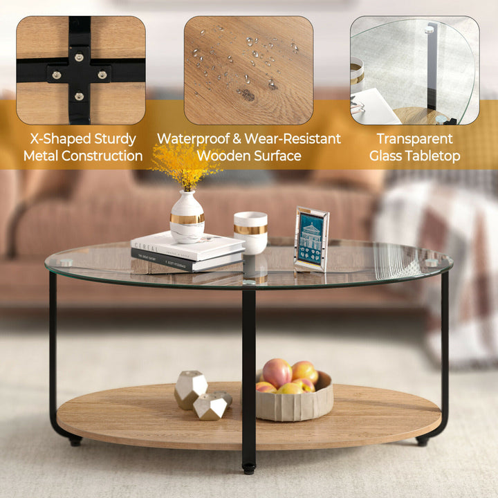 Glass-Top Coffee Table 2-Tier Modern Oval Side Sofa Table w/ Storage Shelf Image 10