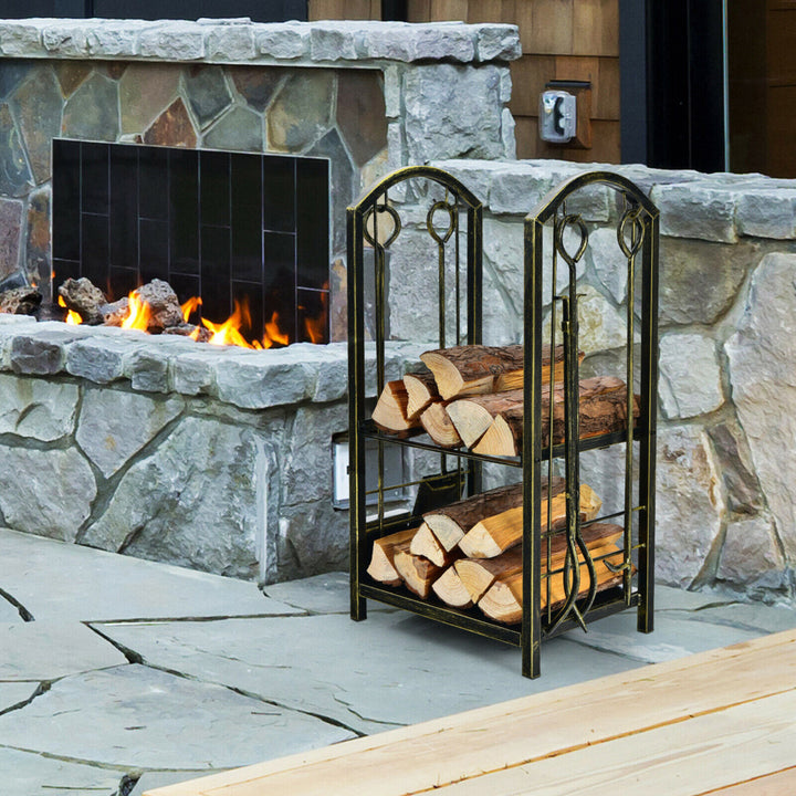 Fireplace Log Rack with 4 Tools Set Fireside Firewood Holders Indoor Bronze Image 10