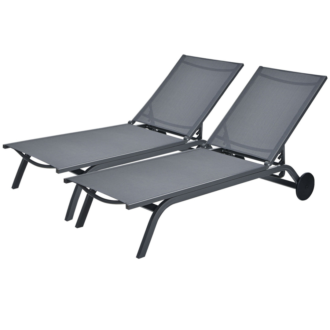 Set of 2 Patio Chaise Lounge Chair Aluminum Adjustable Recliner w/ Wheels Grey Image 1