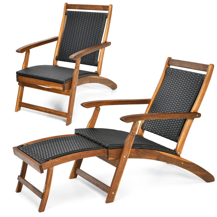 Set of 2 Folding Patio Acacia Wood Deck Chair Rattan Chaise Lounge Chair w/ Footrest Image 1