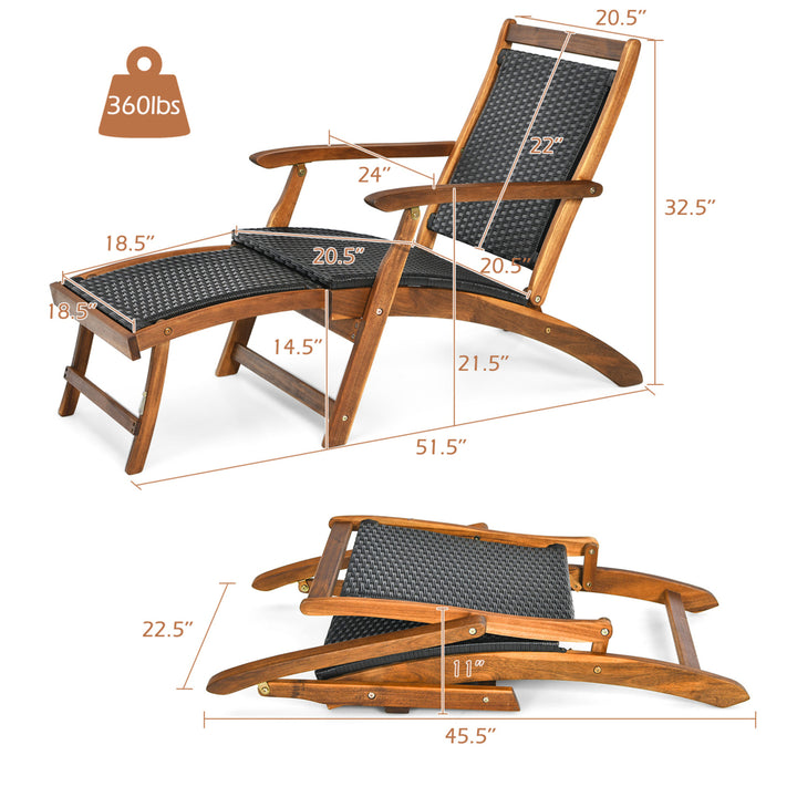 Set of 2 Folding Patio Acacia Wood Deck Chair Rattan Chaise Lounge Chair w/ Footrest Image 2