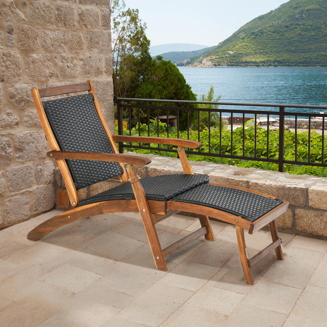 Set of 2 Folding Patio Acacia Wood Deck Chair Rattan Chaise Lounge Chair w/ Footrest Image 4