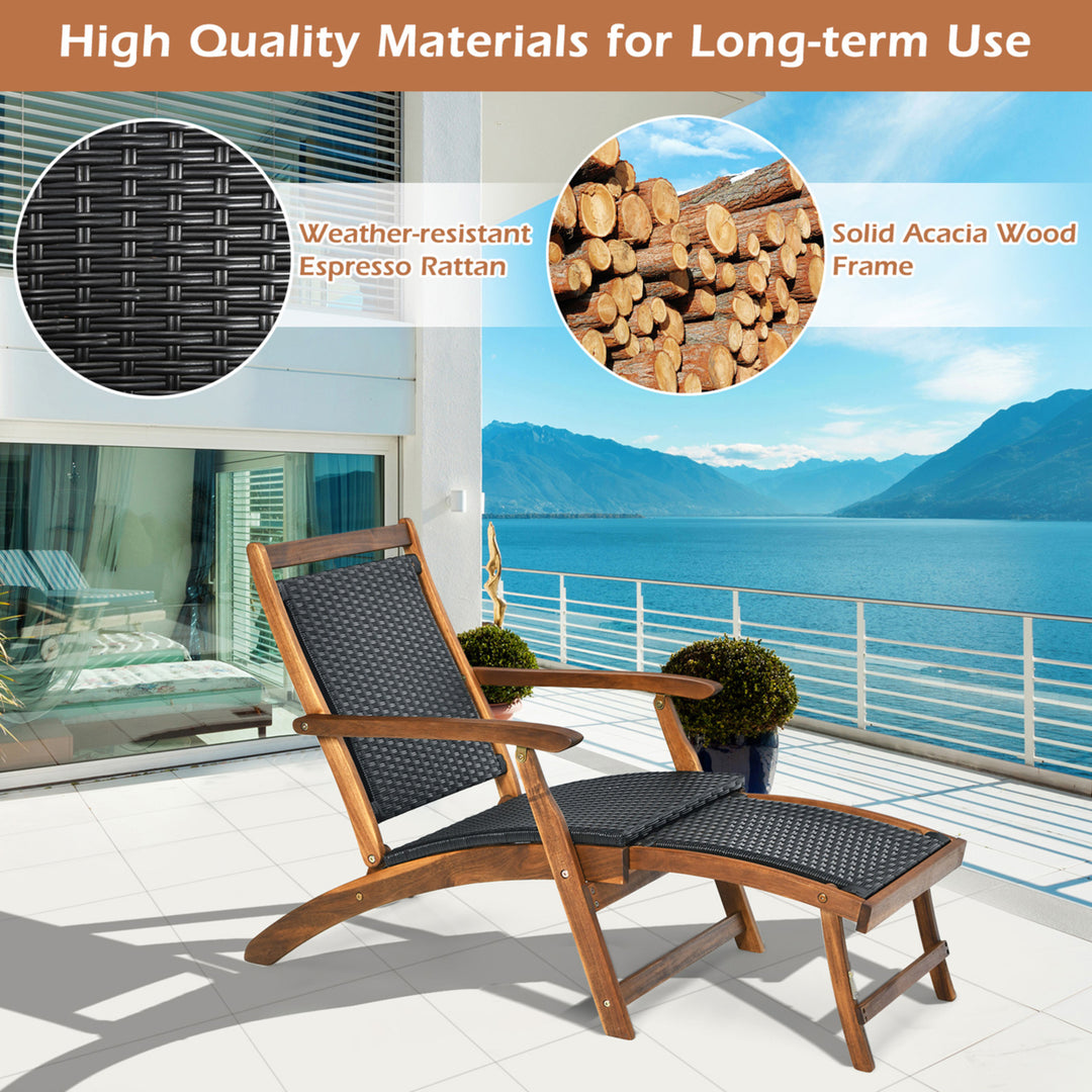 Set of 2 Folding Patio Acacia Wood Deck Chair Rattan Chaise Lounge Chair w/ Footrest Image 7