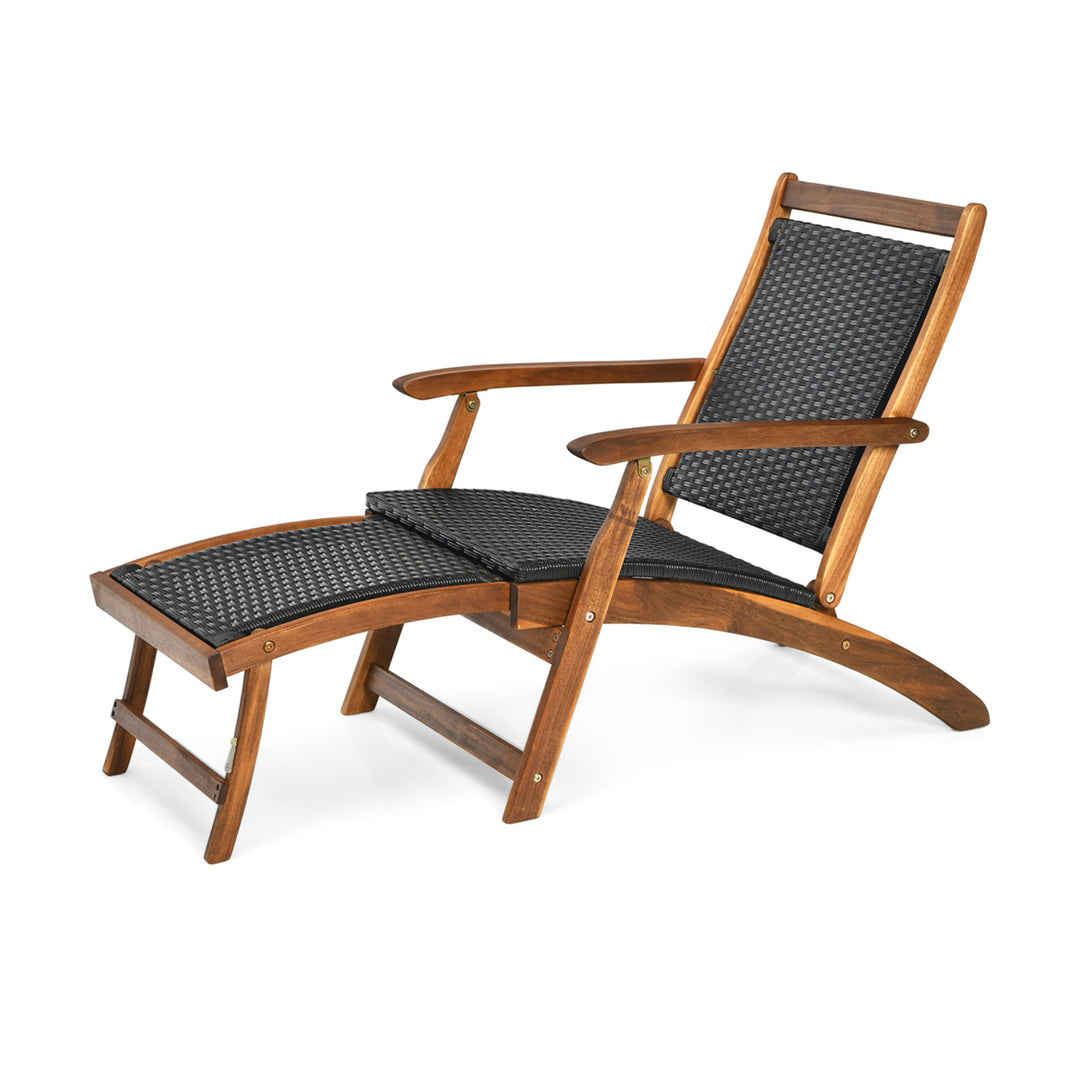 Set of 2 Folding Patio Acacia Wood Deck Chair Rattan Chaise Lounge Chair w/ Footrest Image 10