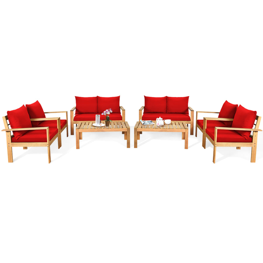 8PCS Patio Acacia Wood Conversation Furniture Set w/ Red Cushions Image 1