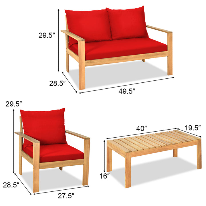 4PCS Patio Acacia Wood Conversation Furniture Set w/ Red Cushions Image 3