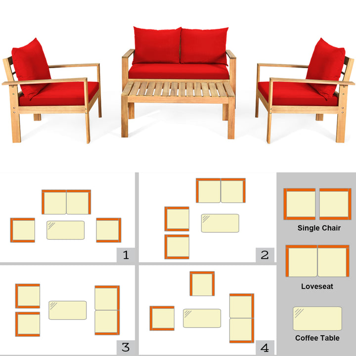 4PCS Patio Acacia Wood Conversation Furniture Set w/ Red Cushions Image 5