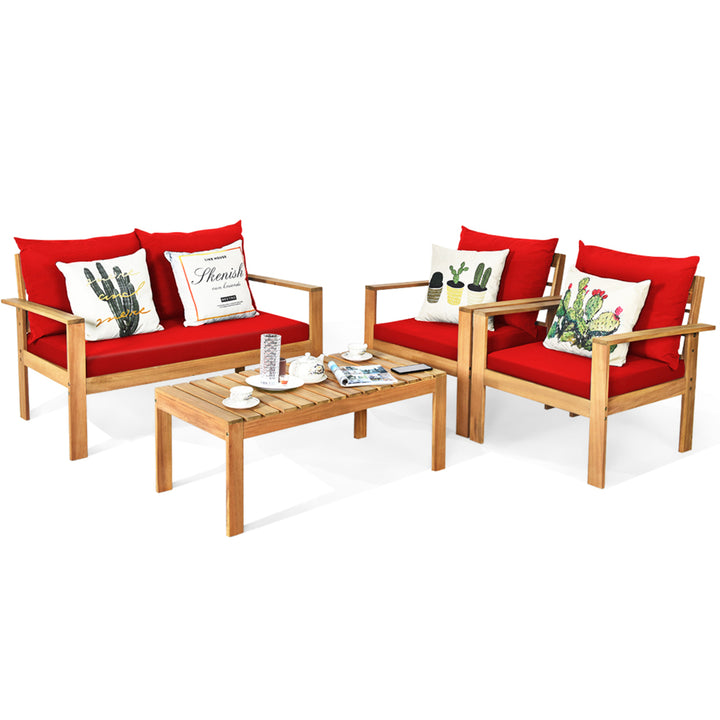 4PCS Patio Acacia Wood Conversation Furniture Set w/ Red Cushions Image 2