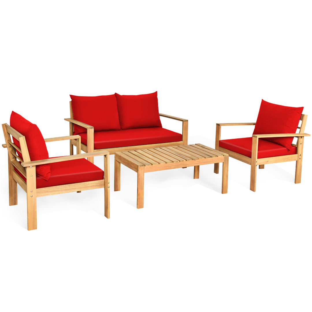 4PCS Patio Acacia Wood Conversation Furniture Set w/ Red Cushions Image 6